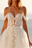 Off The Shoulder Lace Tulle Ivory A Line Wedding Dress