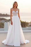 Spaghetti Straps Lace A Line Crepe Ivory Wedding Dress