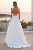 Spaghetti Straps Lace A Line Crepe Ivory Wedding Dress