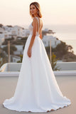 Spaghetti Straps Lace A Line Crepe Ivory Wedding Dress