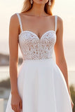 Spaghetti Straps Lace A Line Crepe Ivory Wedding Dress