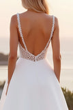 Spaghetti Straps Lace A Line Crepe Ivory Wedding Dress