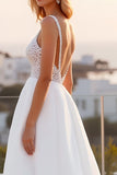 Spaghetti Straps Lace A Line Crepe Ivory Wedding Dress