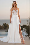 Lace Strapless A Line Ivory Wedding Dress With Slit