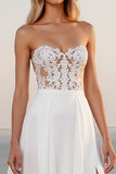 Lace Strapless A Line Ivory Wedding Dress With Slit
