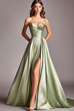 Dusty Sage Strapless Long Satin Prom Dress with Slit