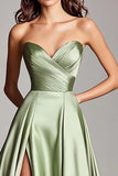 Dusty Sage Strapless A Line Ruched Satin Long Prom Dress with Slit