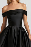 Black Off the Shoulder Satin Asymmetrical Prom Dress