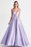 Lilac Spaghetti Straps A Line Long Satin Prom Dress