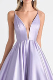 Lilac Spaghetti Straps A Line Long Satin Prom Dress