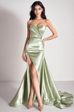 Dusty Sage Mermaid Strapless Long Prom Dress with Slit