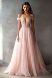 Tulle Pink Off The Shoulder A Line Prom Dress