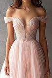 Tulle Pink Off The Shoulder A Line Prom Dress