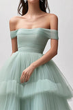 Light Green Ruffled Off The Shoulder Tulle Long Prom Dress