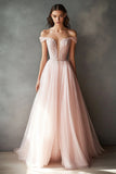 Pink Off The Shoulder Long Tulle Prom Dress with Lace