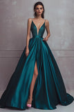 Sparkly Dark Green A-Line Spaghetti Straps Satin Beading Long Prom Dress with Slit
