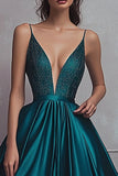 Sparkly Dark Green A-Line Spaghetti Straps Satin Beading Long Prom Dress with Slit