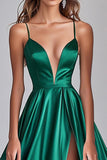 Dark Green A-Line Spaghetti Straps Satin Long Prom Dress with Slit