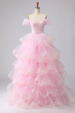 ZAPAKA Women Pink Princess Prom Dress with Sequins Off The Shoulder Tiered Ruffle Long Party Dress