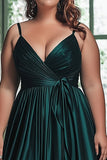 A Line Spaghetti Straps Dark Green Pleated Plus Long Prom Dress