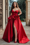 A Line Strapless Red Plus Long Prom Dress with Slit