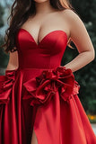 A Line Strapless Red Plus Long Prom Dress with Slit