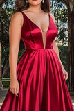 A Line Red Spaghetti Straps Pleated Plus Long Prom Dress