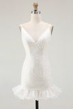 White Bodycon Spaghetti Straps Sequin Short Graduation Dress
