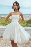 A-Line Spaghetti Straps Tulle Ruched Little White Graduation Dress
