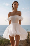 Sparkly A-Line Ruffled Off the Shoulder Sequins Little White Graduation Dress