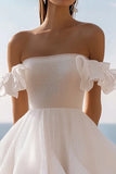 Sparkly A-Line Ruffled Off the Shoulder Sequins Little White Graduation Dress