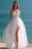 White A-Line Strapless Tulle Long Beach Dress with Slit