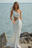 White Sheath One Shoulder Ruched Long Beach Dress