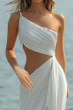 White Sheath One Shoulder Ruched Long Beach Dress