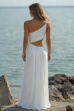 White Sheath One Shoulder Ruched Long Beach Dress