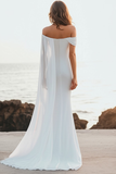 White Sheath Off the Shoulder Long Formal Dress with Cape