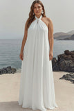 White Chiffon Sheath Halter Long Graduation Dress