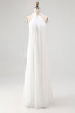 White Sheath Halter Chiffon Long Graduation Dress