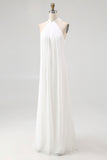 White Sheath Halter Chiffon Long Graduation Dress