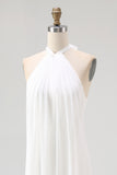 White Sheath Halter Chiffon Long Graduation Dress