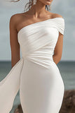 White One Shoulder Ruched Mermaid Long Formal Dress