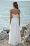 Strapless White A Line Pleated Beach Dress with Slit