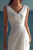 Elegant White Ruched V Neck Chiffon Beach Dress