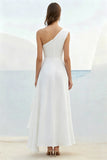 White Sheath One Shoulder Formal Dress with Ruffles