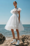 A Line White Tulle High Neck Short Sleeves Graduation Dress