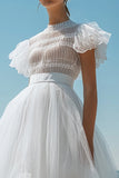 A Line White Tulle High Neck Short Sleeves Graduation Dress
