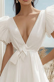 Off the Shoulder Deep V Neck Ruffled Sleeves A Line Graduation Dress