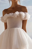 Off the Shoulder A Line White Sequins Organza Graduation Dress