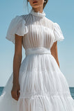 White Organza Short Sleeves Tiered High Neck A Line Graduation Dress