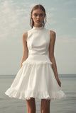 White Ruffle High Neck A Line Short Graduation Dress